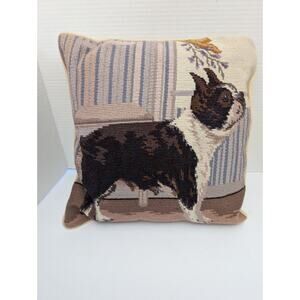 Vintage Boston Terrier Needlepoint Dog Pillow Tuxedo Brindle Hand Stitched